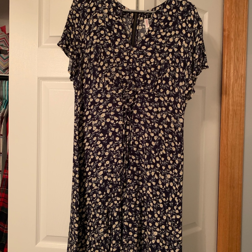 Navy Floral Dress with Criss-Cross Waist